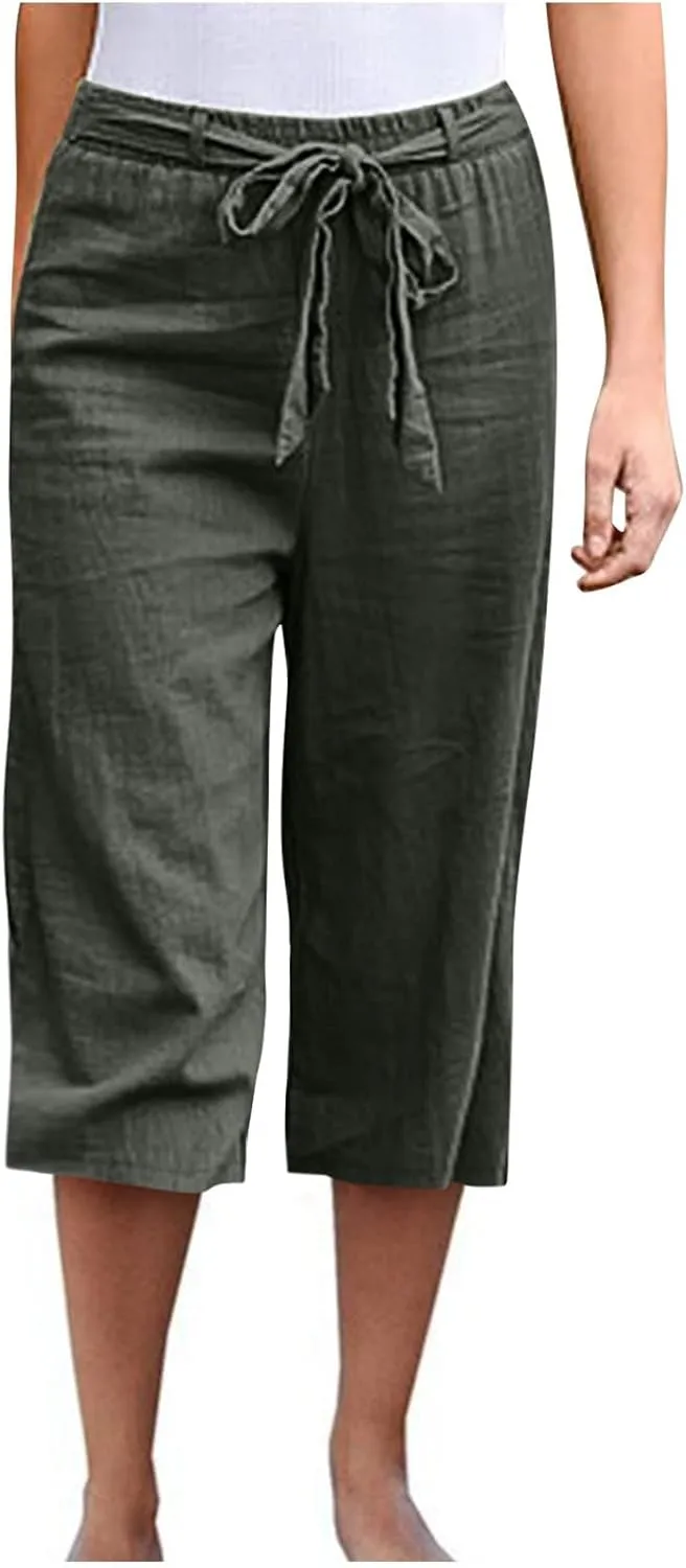 Capri Pants for Women Casual Summer Drawstring Elastic High Waist Linen Pants Straight Leg Plus Size Lounge Capris