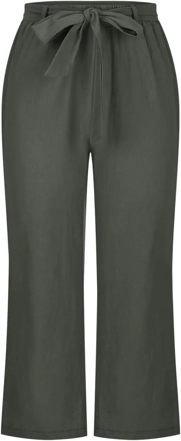 Capri Pants for Women Casual Summer Drawstring Elastic High Waist Linen Pants Straight Leg Plus Size Lounge Capris
