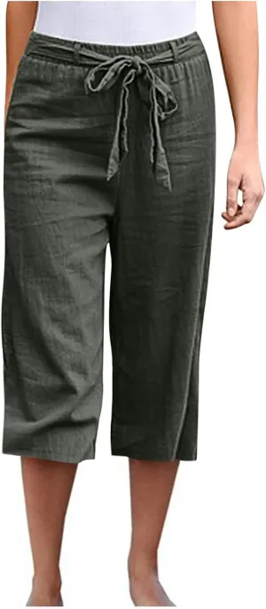 Capri Pants for Women Casual Summer Drawstring Elastic High Waist Linen Pants Straight Leg Plus Size Lounge Capris