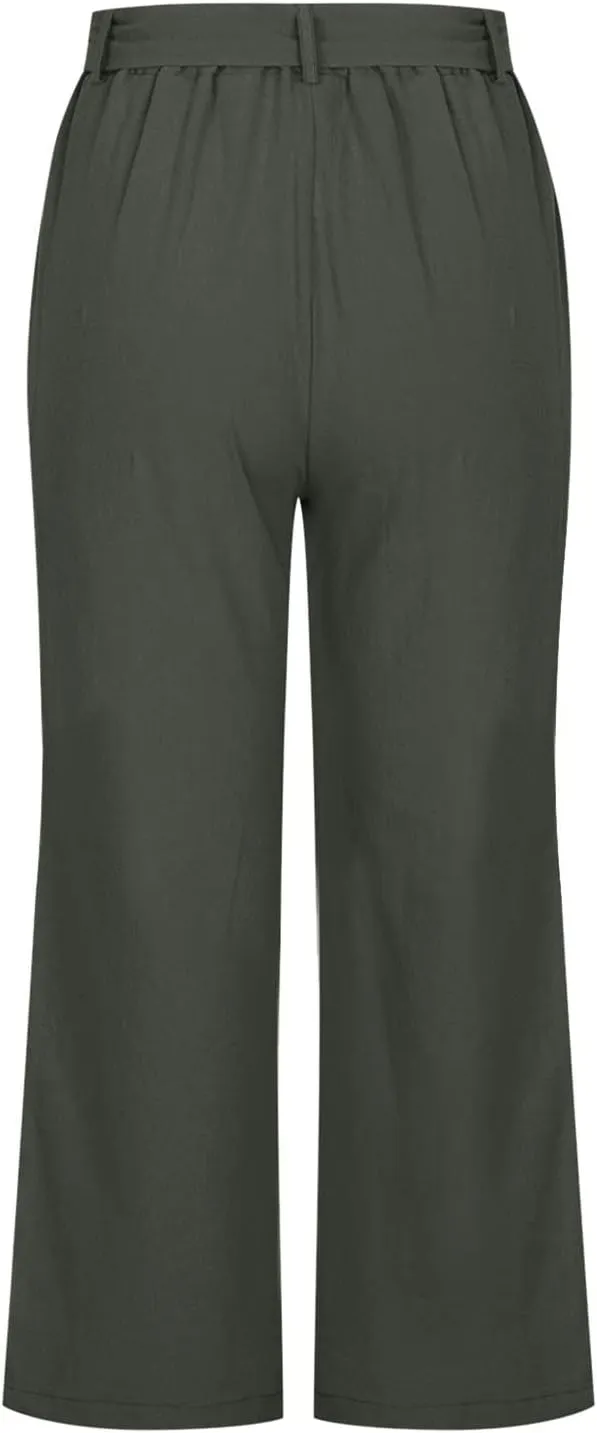 Capri Pants for Women Casual Summer Drawstring Elastic High Waist Linen Pants Straight Leg Plus Size Lounge Capris