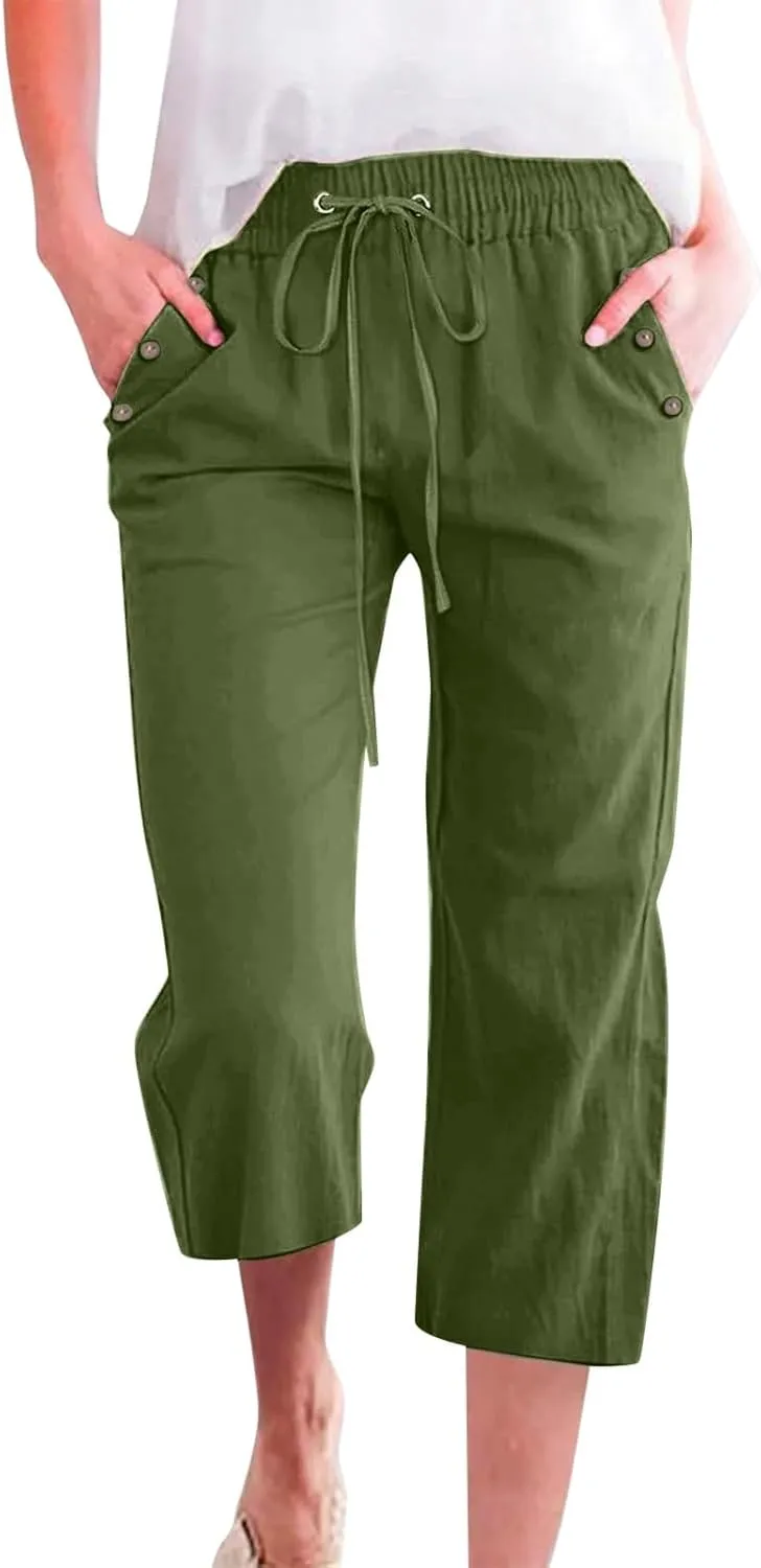 Capri Pants for Women Summer Drawstring Elastic High Waist Linen Trousers Straight Wide Leg Lounge Beach Shorts
