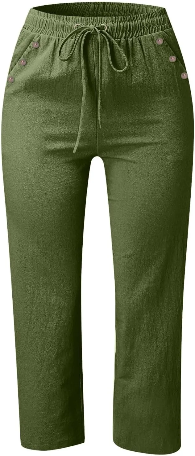 Capri Pants for Women Summer Drawstring Elastic High Waist Linen Trousers Straight Wide Leg Lounge Beach Shorts