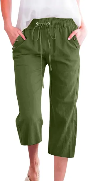 Capri Pants for Women Summer Drawstring Elastic High Waist Linen Trousers Straight Wide Leg Lounge Beach Shorts