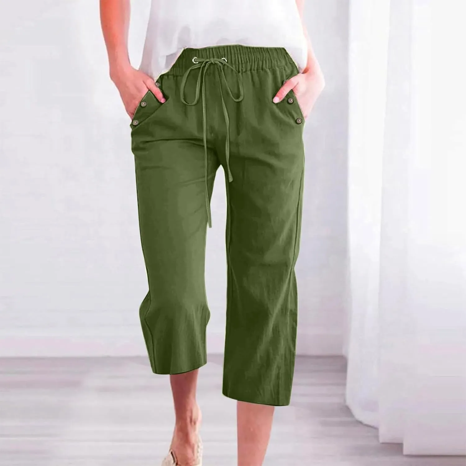 Capri Pants for Women Summer Drawstring Elastic High Waist Linen Trousers Straight Wide Leg Lounge Beach Shorts