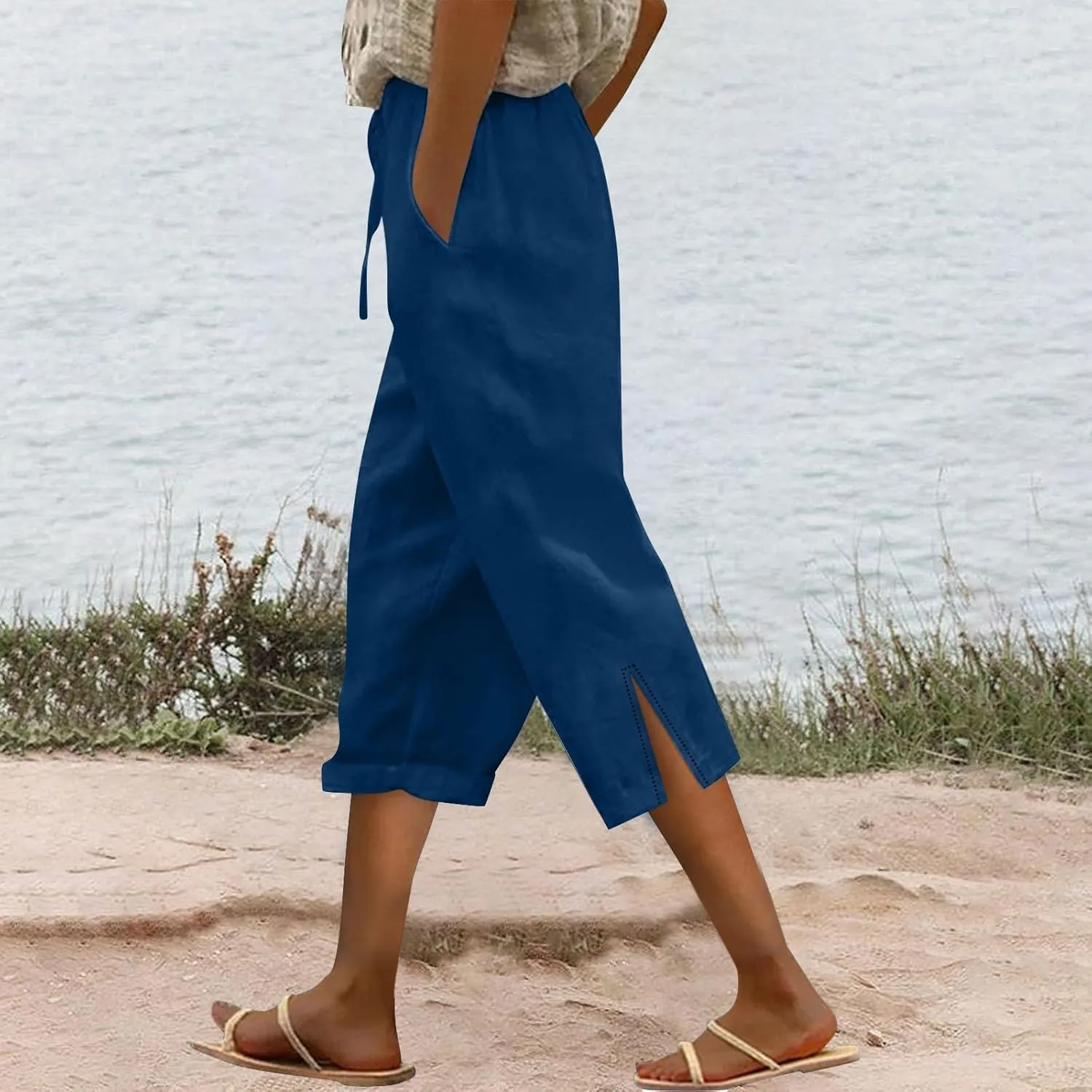Capris Pants for Women Linen Cropped Pant High Waist Drawstring Casual Loose Summer Beach Trousers with Pocket