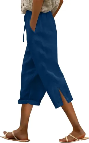 Capris Pants for Women Linen Cropped Pant High Waist Drawstring Casual Loose Summer Beach Trousers with Pocket