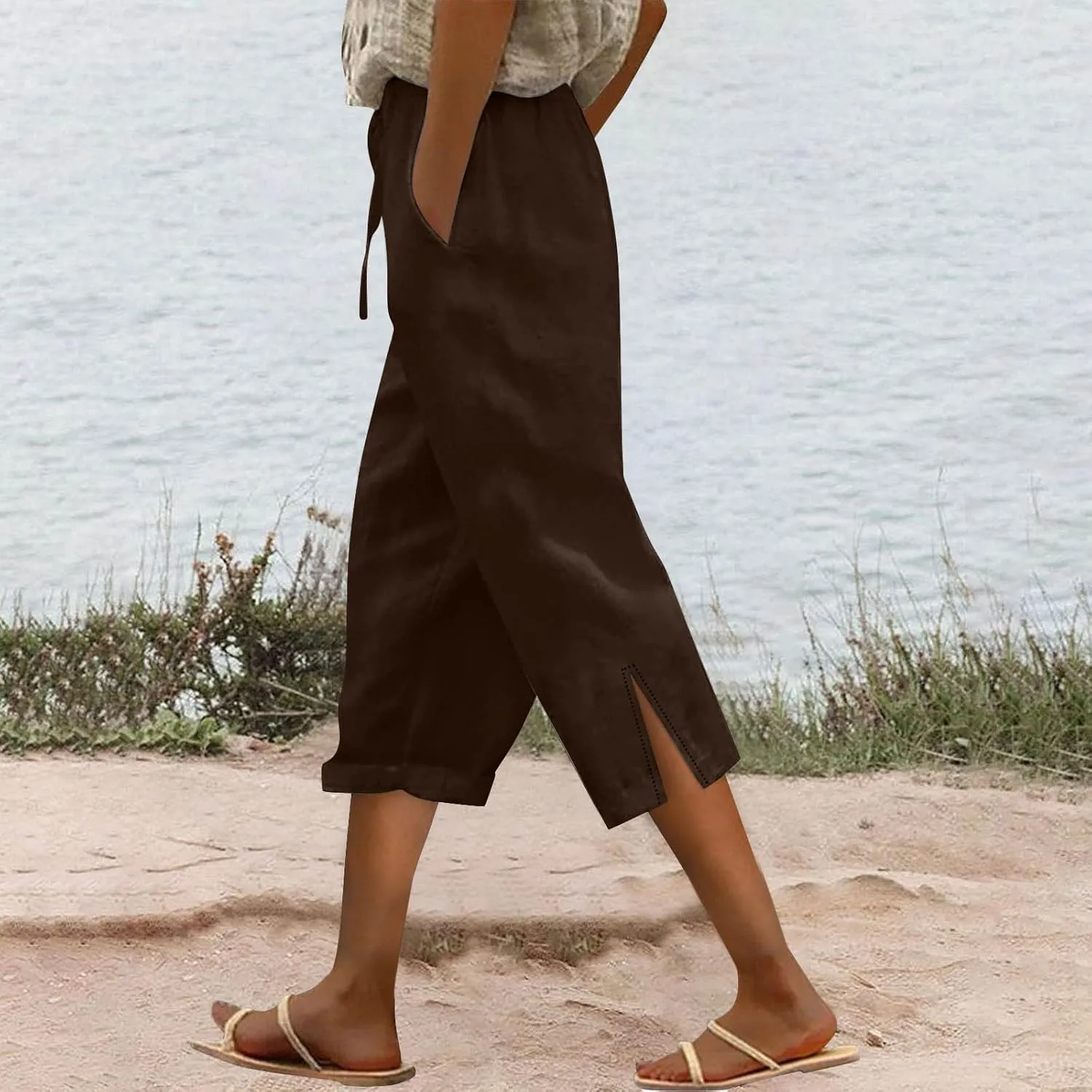 Capris Pants for Women Linen Cropped Pant High Waist Drawstring Casual Loose Summer Beach Trousers with Pocket