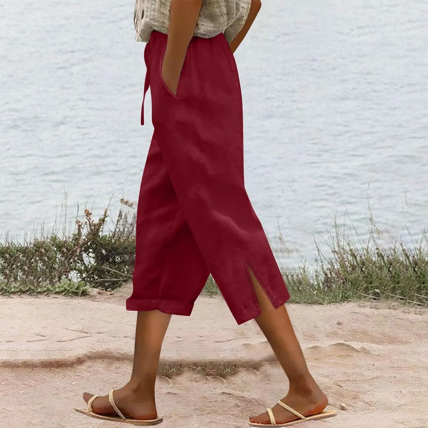 Capris Pants for Women Linen Cropped Pant High Waist Drawstring Casual Loose Summer Beach Trousers with Pocket