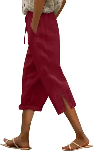 Capris Pants for Women Linen Cropped Pant High Waist Drawstring Casual Loose Summer Beach Trousers with Pocket