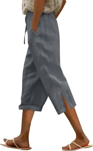 Capris Pants for Women Linen Cropped Pant High Waist Drawstring Casual Loose Summer Beach Trousers with Pocket