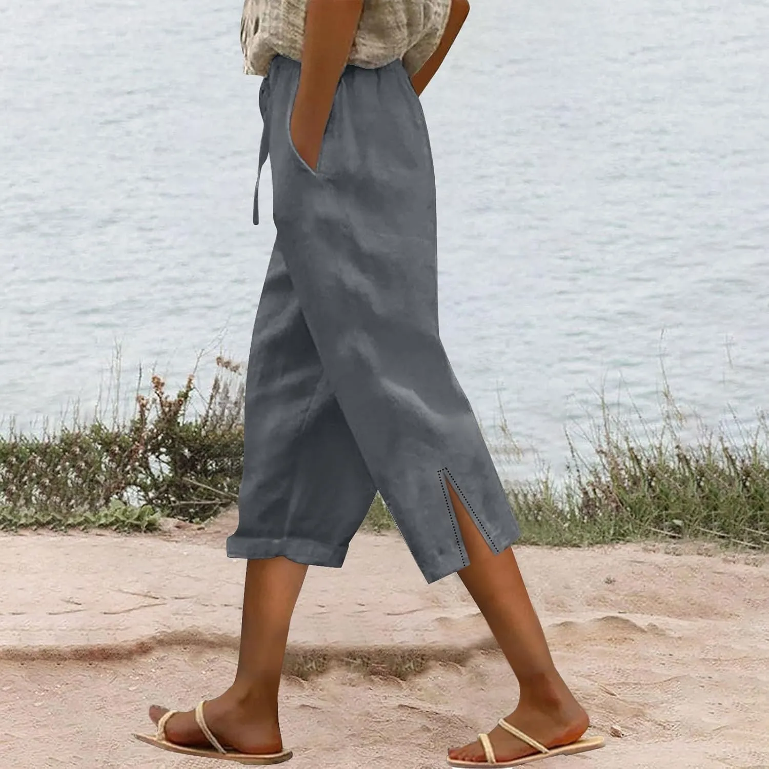 Capris Pants for Women Linen Cropped Pant High Waist Drawstring Casual Loose Summer Beach Trousers with Pocket