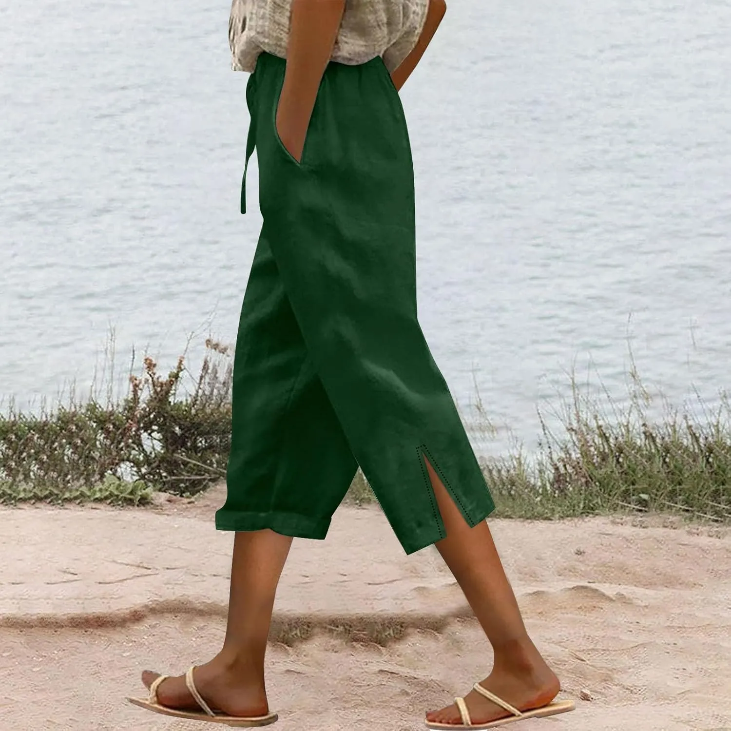 Capris Pants for Women Linen Cropped Pant High Waist Drawstring Casual Loose Summer Beach Trousers with Pocket
