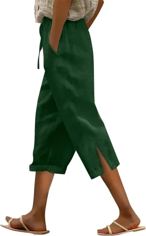 Capris Pants for Women Linen Cropped Pant High Waist Drawstring Casual Loose Summer Beach Trousers with Pocket
