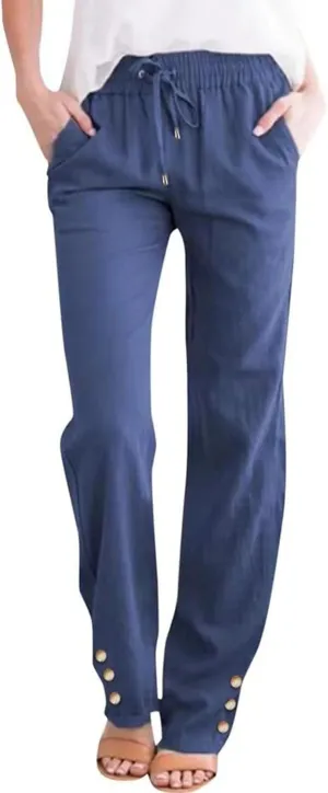 Casual Cotton Linen Pants for Women Summer Loose Fit Straight Leg Trousers Drawstring Elastic Waist Beach Pants