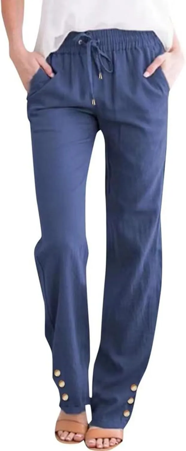 Casual Cotton Linen Pants for Women Summer Loose Fit Straight Leg Trousers Drawstring Elastic Waist Beach Pants
