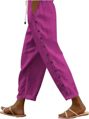 Casual Pants for Women Elastic Waist Summer Trendy Linen Capri Pants Straight Leg Baggy Beach Cotton Cropped Trousers