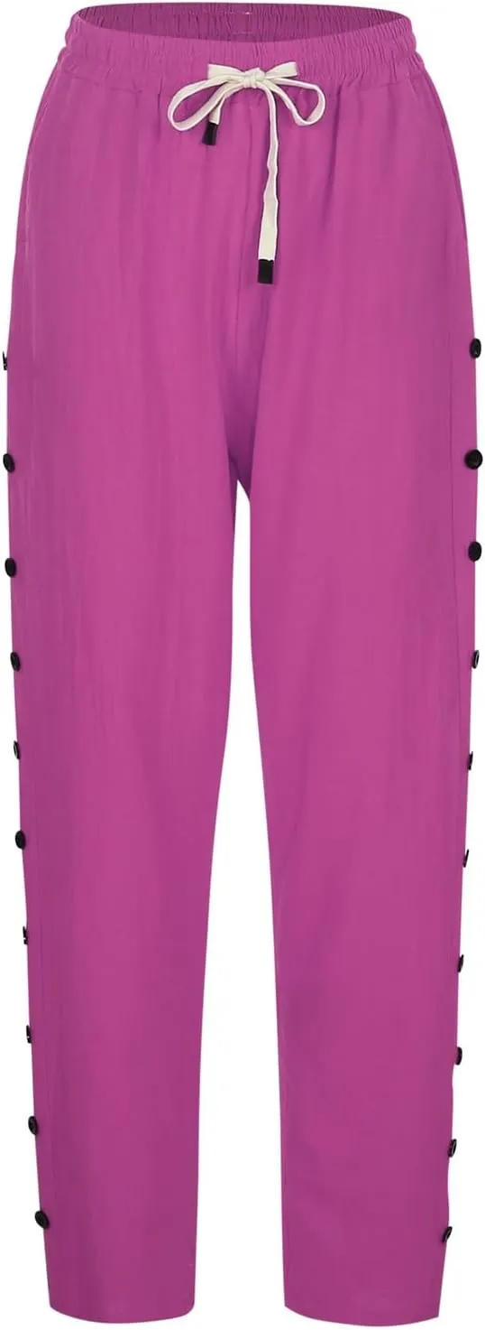 Casual Pants for Women Elastic Waist Summer Trendy Linen Capri Pants Straight Leg Baggy Beach Cotton Cropped Trousers