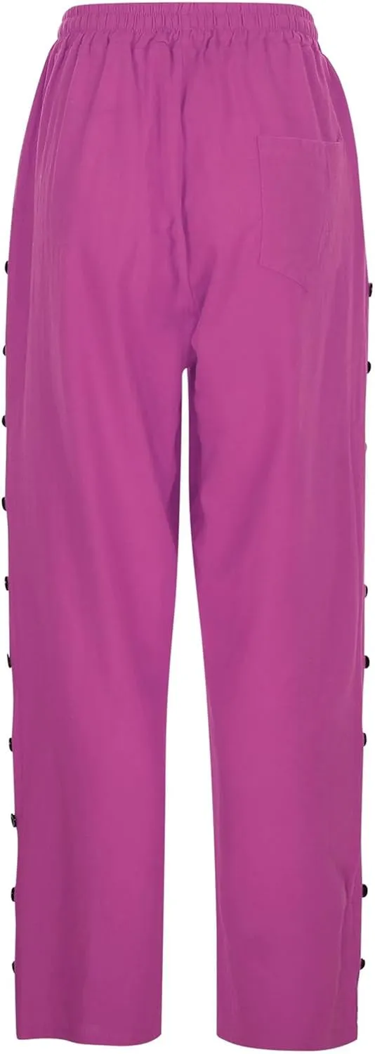 Casual Pants for Women Elastic Waist Summer Trendy Linen Capri Pants Straight Leg Baggy Beach Cotton Cropped Trousers