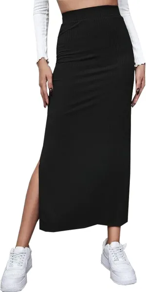 CHARTOU Women's Knitted Stretchy High Waist Straight Slit Pencil Bodycon Long Skirt