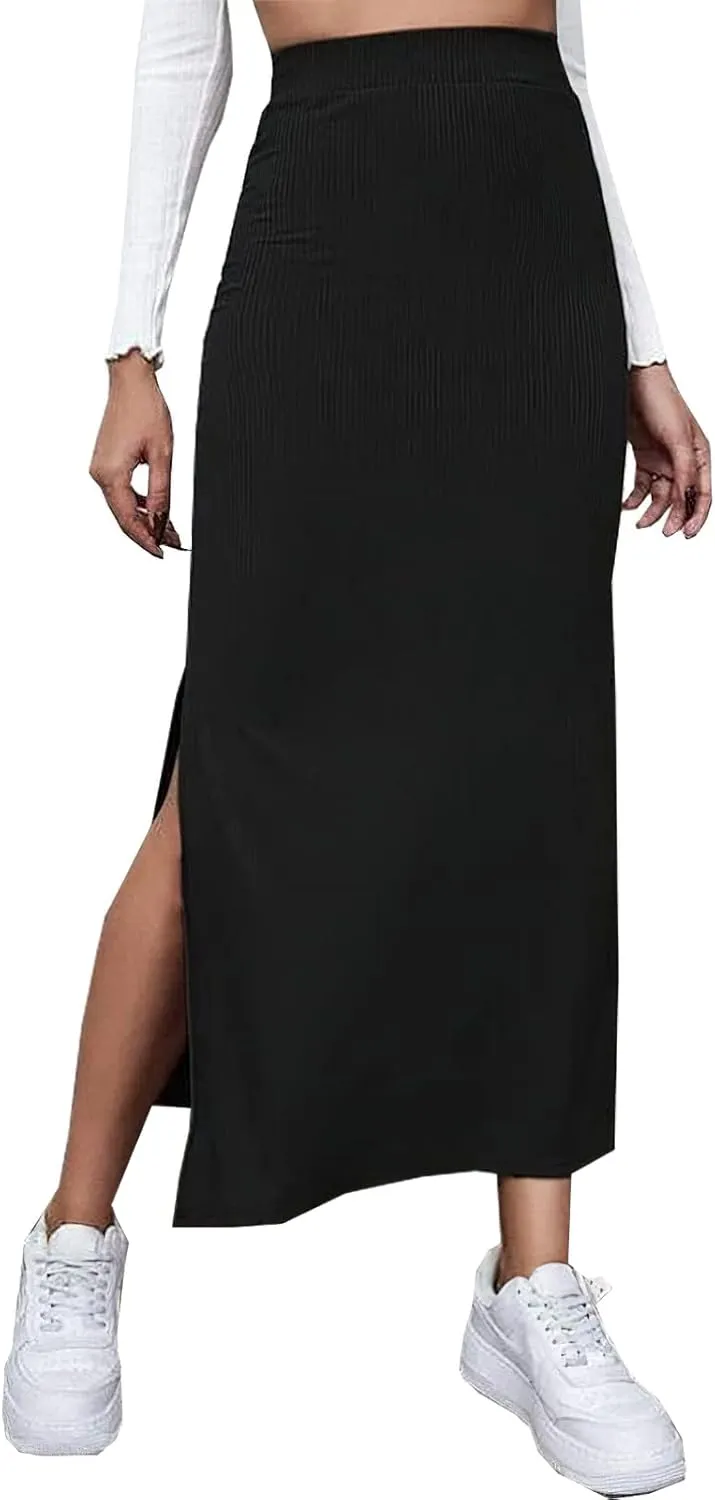 CHARTOU Women's Knitted Stretchy High Waist Straight Slit Pencil Bodycon Long Skirt