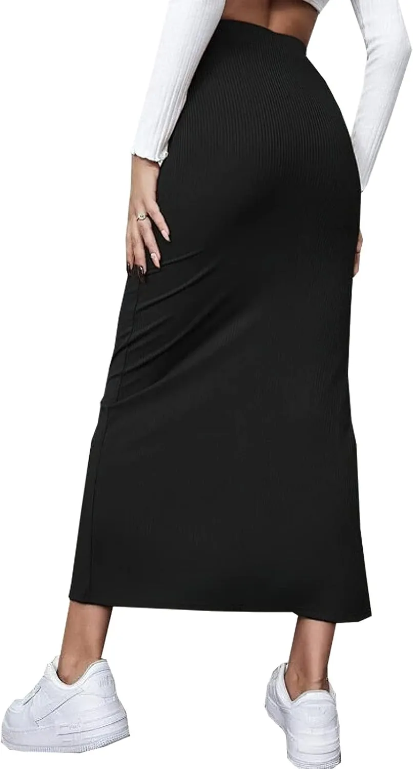 CHARTOU Women's Knitted Stretchy High Waist Straight Slit Pencil Bodycon Long Skirt