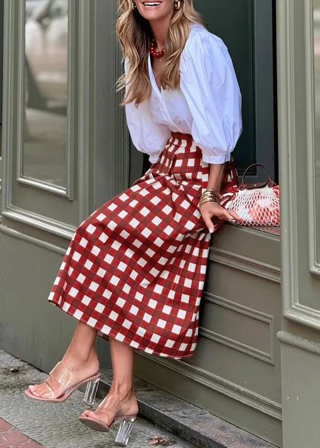 CHARTOU Women's Summer Gingham Long Skirt Casual High Waisted A Line Plaid Printed Flowy Skirt with Pockets