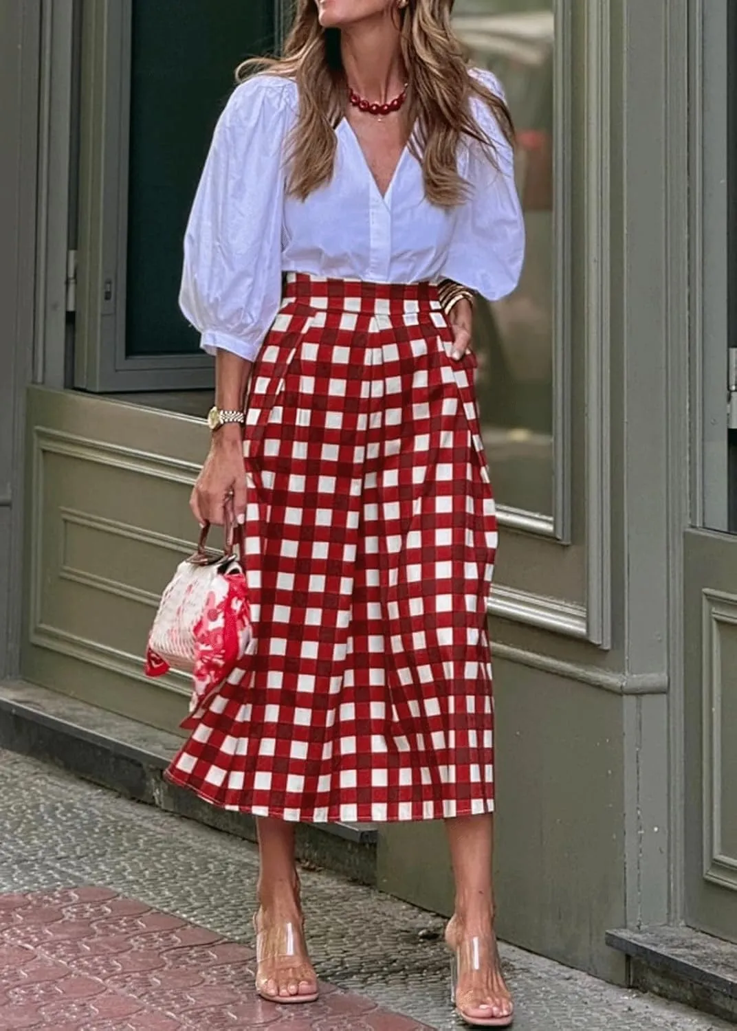 CHARTOU Women's Summer Gingham Long Skirt Casual High Waisted A Line Plaid Printed Flowy Skirt with Pockets