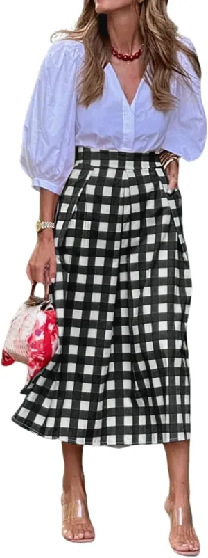 CHARTOU Women's Summer Gingham Long Skirt Casual High Waisted A Line Plaid Printed Flowy Skirt with Pockets