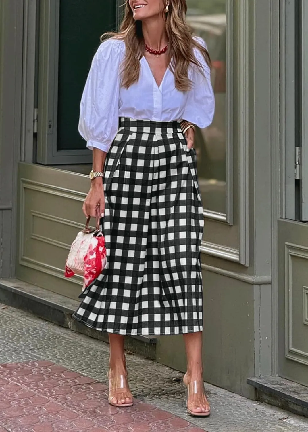 CHARTOU Women's Summer Gingham Long Skirt Casual High Waisted A Line Plaid Printed Flowy Skirt with Pockets