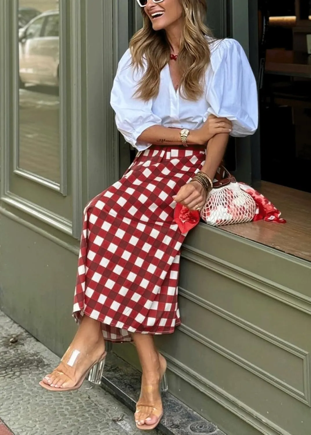 CHARTOU Women's Summer Gingham Long Skirt Casual High Waisted A Line Plaid Printed Flowy Skirt with Pockets