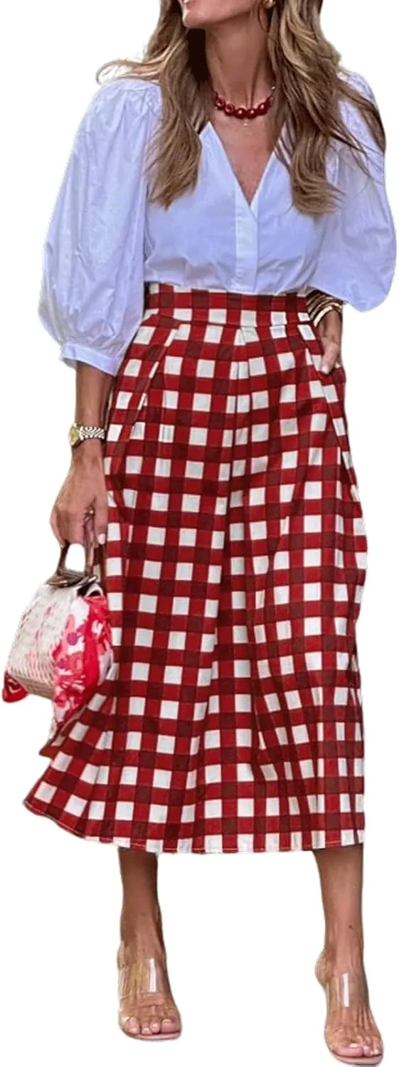 CHARTOU Women's Summer Gingham Long Skirt Casual High Waisted A Line Plaid Printed Flowy Skirt with Pockets