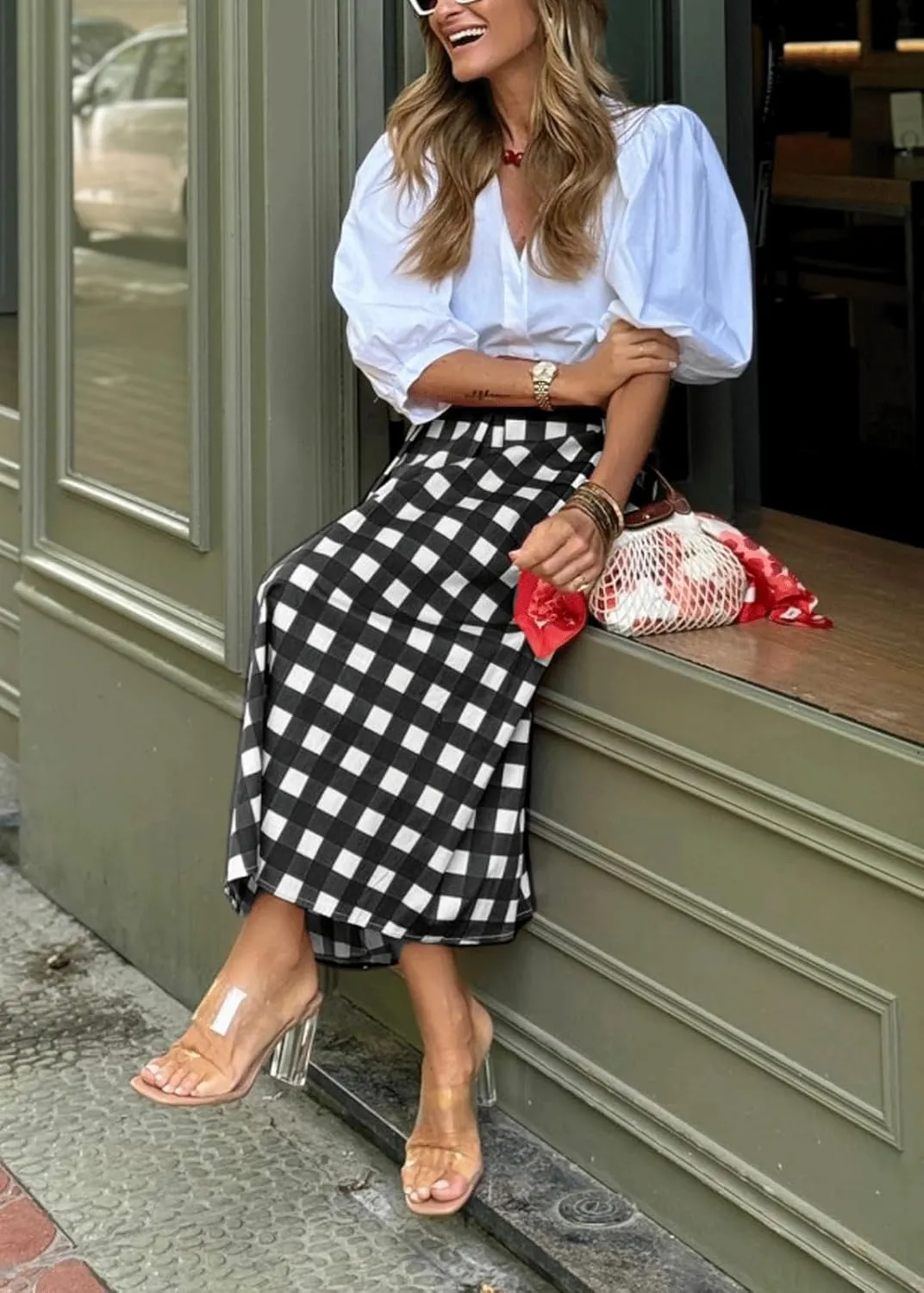 CHARTOU Women's Summer Gingham Long Skirt Casual High Waisted A Line Plaid Printed Flowy Skirt with Pockets