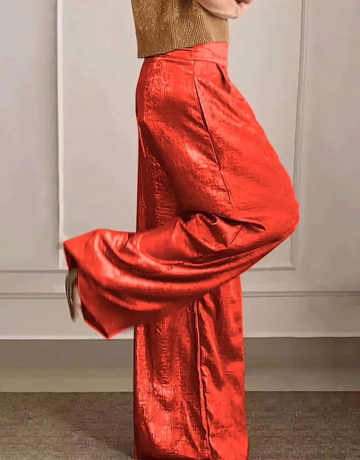 CHARTOU Women's Wide Leg Pants High Waist Straight Long Pant Metallic Patchwork Lounge Trousers with Pockets