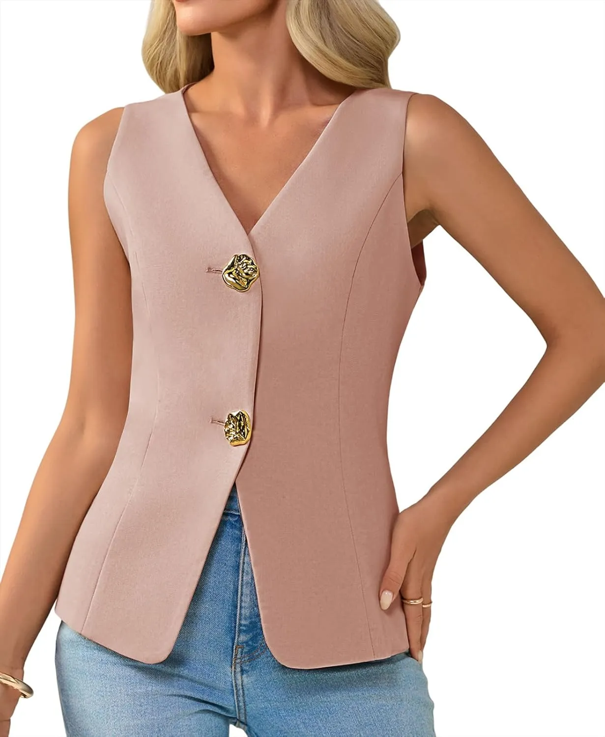 Cicy Bell Womens Summer V Neck Vest Tops Button up Sleeveless Casual Waistcoat Business Fitted Blazer vest