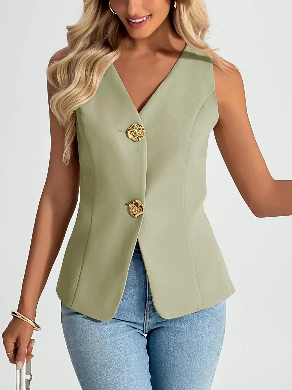 Cicy Bell Womens Summer V Neck Vest Tops Button up Sleeveless Casual Waistcoat Business Fitted Blazer vest