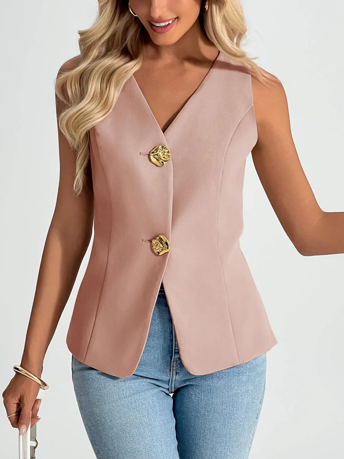 Cicy Bell Womens Summer V Neck Vest Tops Button up Sleeveless Casual Waistcoat Business Fitted Blazer vest