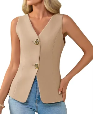 Cicy Bell Womens Summer V Neck Vest Tops Button up Sleeveless Casual Waistcoat Business Fitted Blazer vest