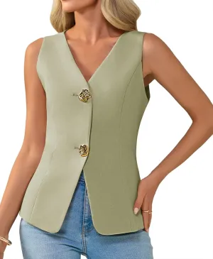 Cicy Bell Womens Summer V Neck Vest Tops Button up Sleeveless Casual Waistcoat Business Fitted Blazer vest