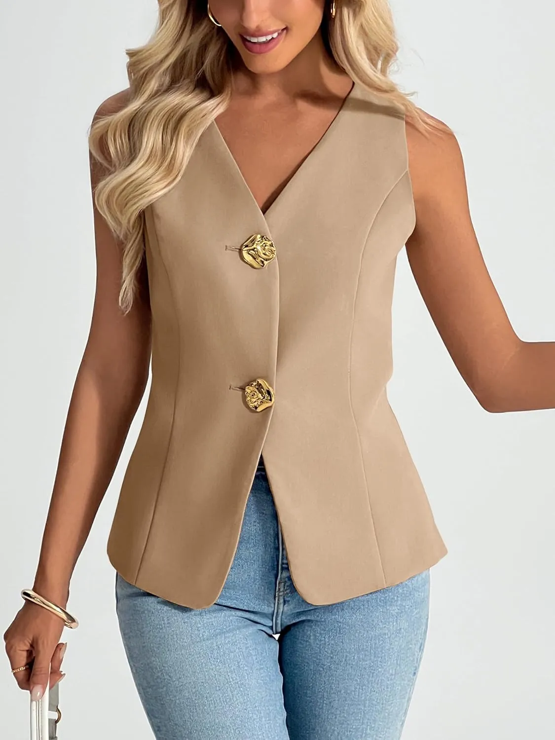 Cicy Bell Womens Summer V Neck Vest Tops Button up Sleeveless Casual Waistcoat Business Fitted Blazer vest