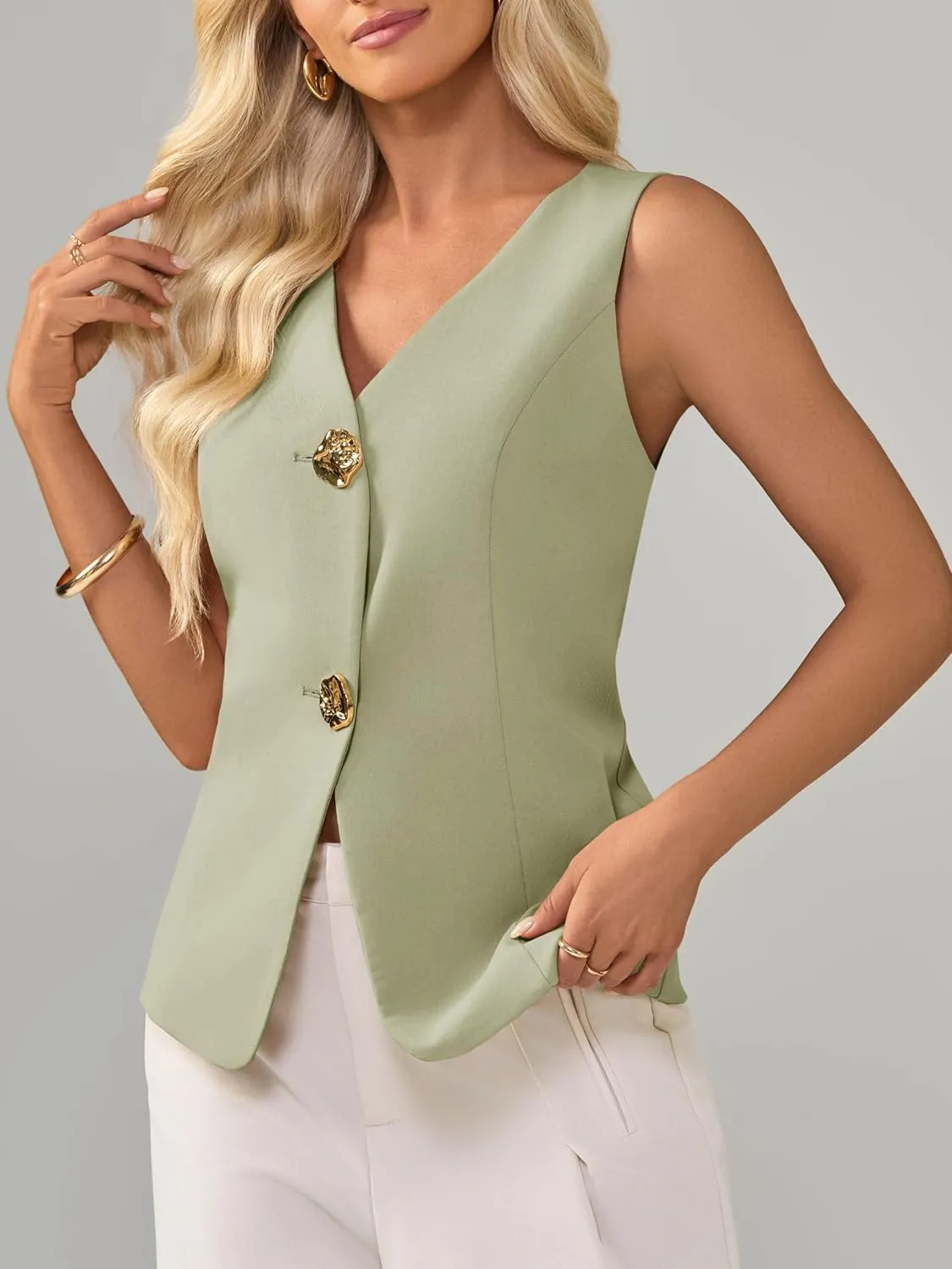 Cicy Bell Womens Summer V Neck Vest Tops Button up Sleeveless Casual Waistcoat Business Fitted Blazer vest