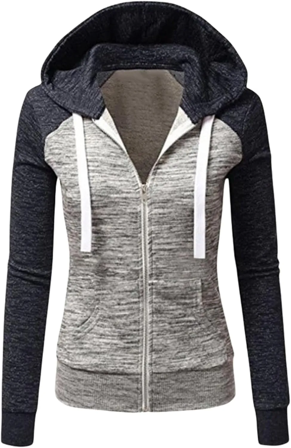 Color Block Hoodies for Women Basic Zip-Up Jersey Jacket Long Sleeve Tops Hooded Sweatshirt with Pockets