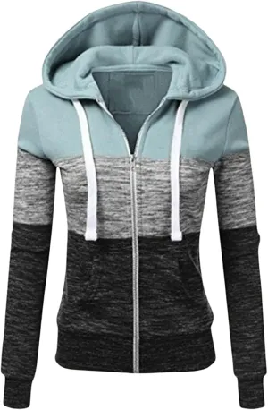 Color Block Hoodies for Women Basic Zip-Up Jersey Jacket Long Sleeve Tops Hooded Sweatshirt with Pockets