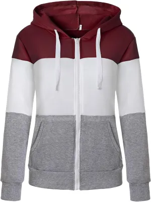 Color Block Hoodies for Women Basic Zip-Up Jersey Jacket Long Sleeve Tops Hooded Sweatshirt with Pockets