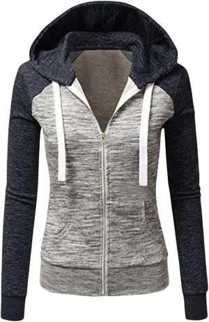 Color Block Hoodies for Women Basic Zip-Up Jersey Jacket Long Sleeve Tops Hooded Sweatshirt with Pockets