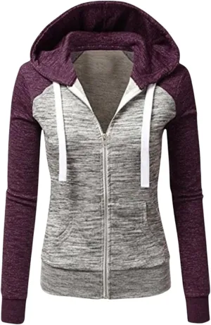 Color Block Hoodies for Women Basic Zip-Up Jersey Jacket Long Sleeve Tops Hooded Sweatshirt with Pockets