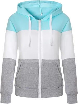 Color Block Hoodies for Women Basic Zip-Up Jersey Jacket Long Sleeve Tops Hooded Sweatshirt with Pockets