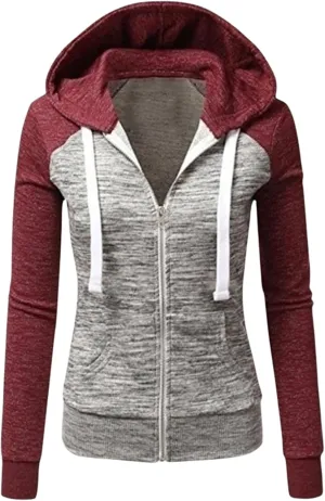 Color Block Hoodies for Women Basic Zip-Up Jersey Jacket Long Sleeve Tops Hooded Sweatshirt with Pockets
