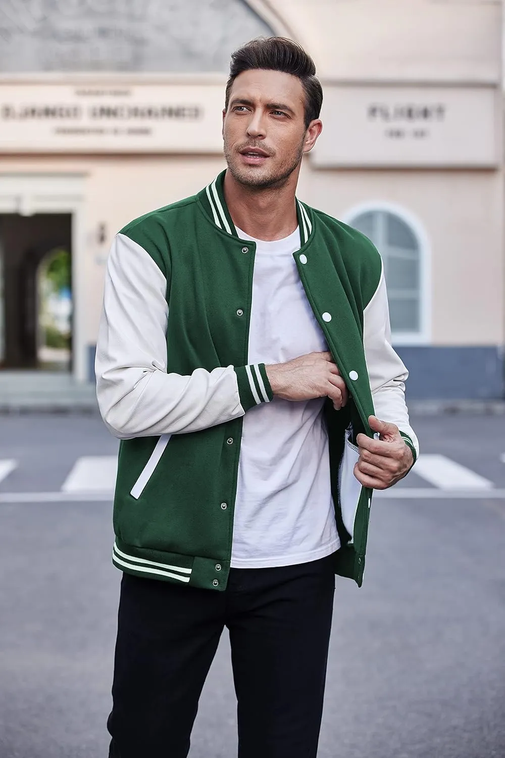 COOFANDY Mens Fashion Varsity Jackets Leather Sleeve Slim Fit College Baseball Letterman Bomber Coat
