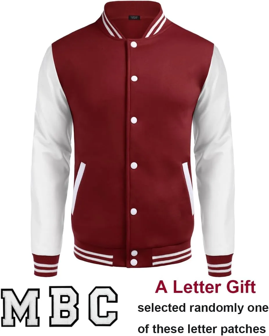 COOFANDY Mens Fashion Varsity Jackets Leather Sleeve Slim Fit College Baseball Letterman Bomber Coat