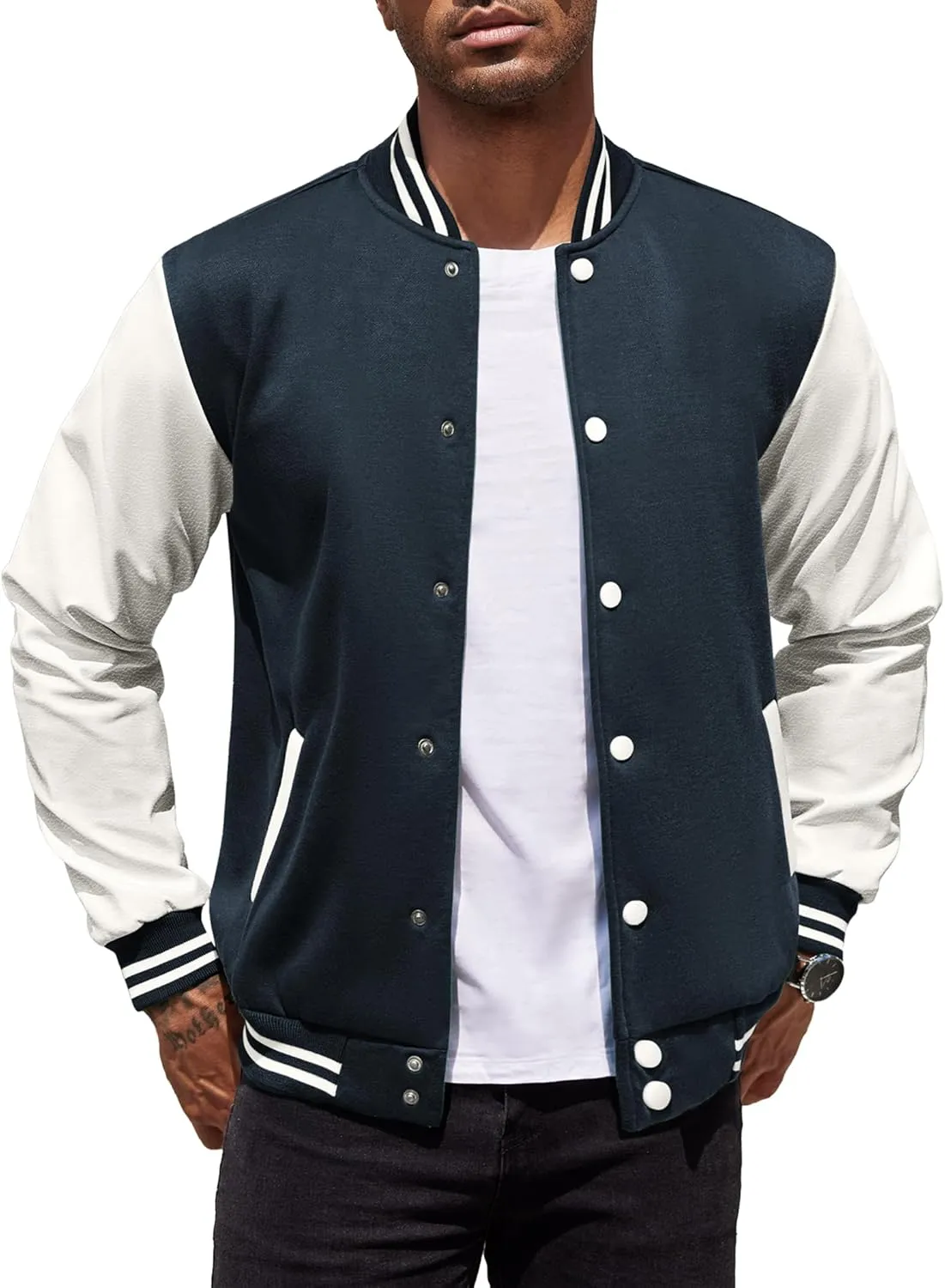 COOFANDY Mens Fashion Varsity Jackets Leather Sleeve Slim Fit College Baseball Letterman Bomber Coat